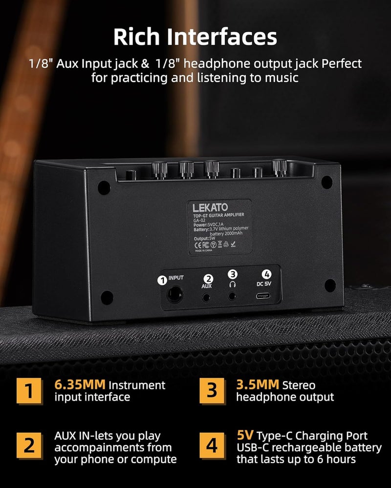 LEKATO Guitar Amplifier with Clean Overdrive Effects 5W Rchargeable Electric Guitar Amp Small Bass Amplifier Bluetooth Bass Amplifier for Daily Practice - Image 5